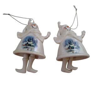 Thomas Kinkade Snowman Bell Ornament Silent Night Cottage Scene Lot Of 2